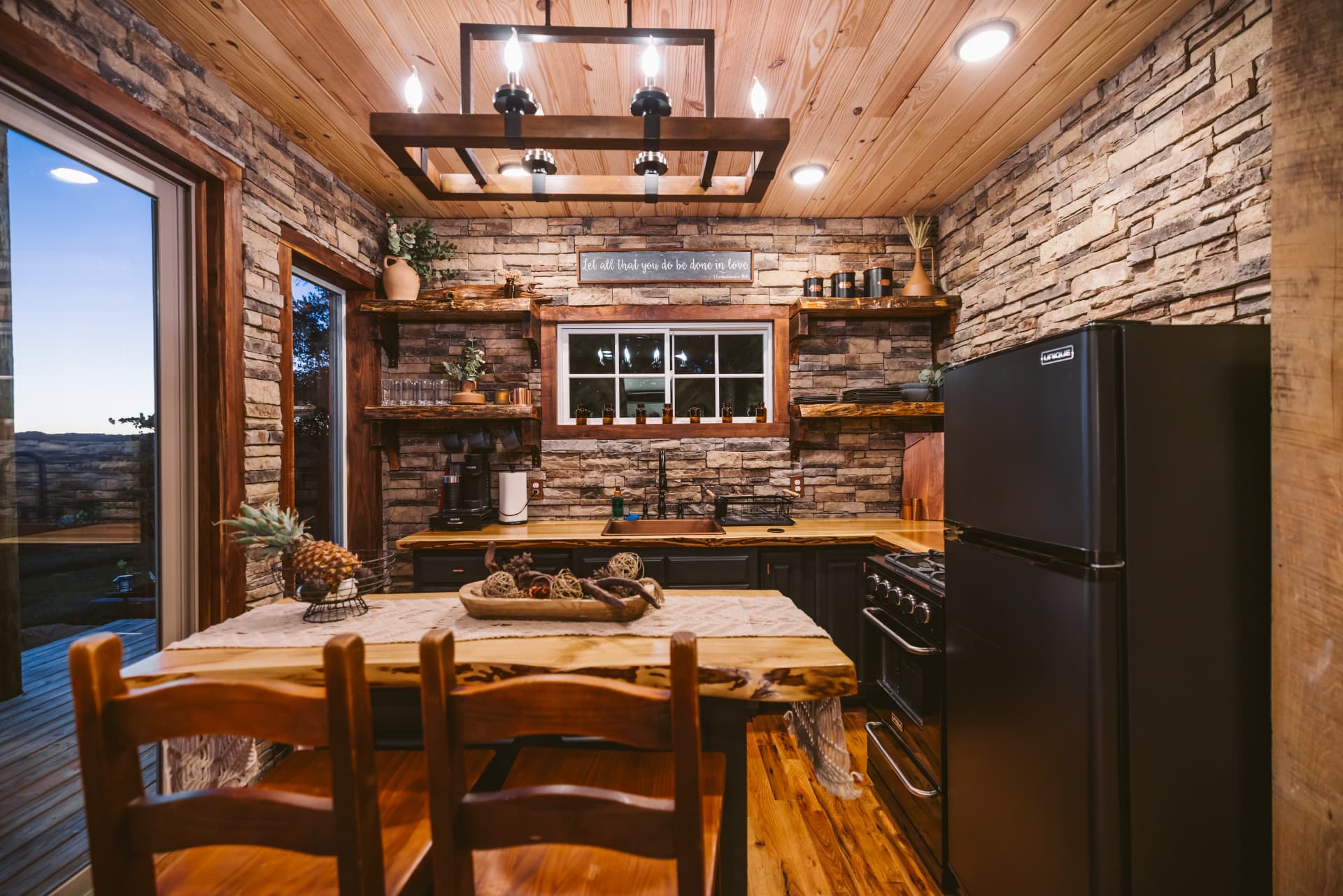 Stone kitchen with live-edge counters