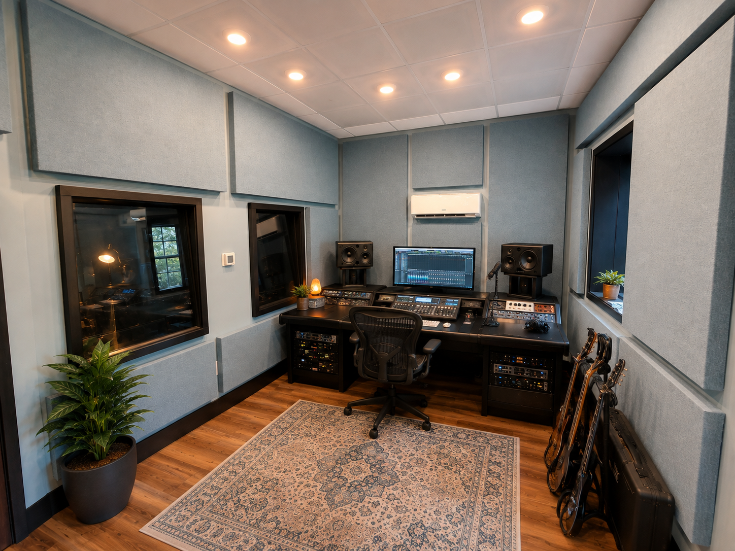 The Ridge Studio control room with acoustic panels and dual monitors