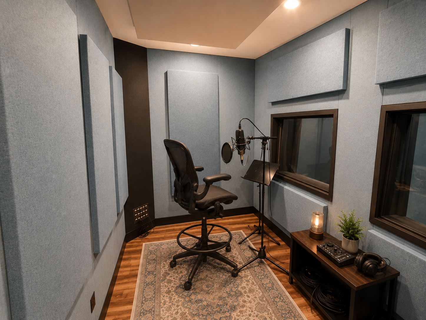 Vocal booth with condenser microphone and isolation panels
