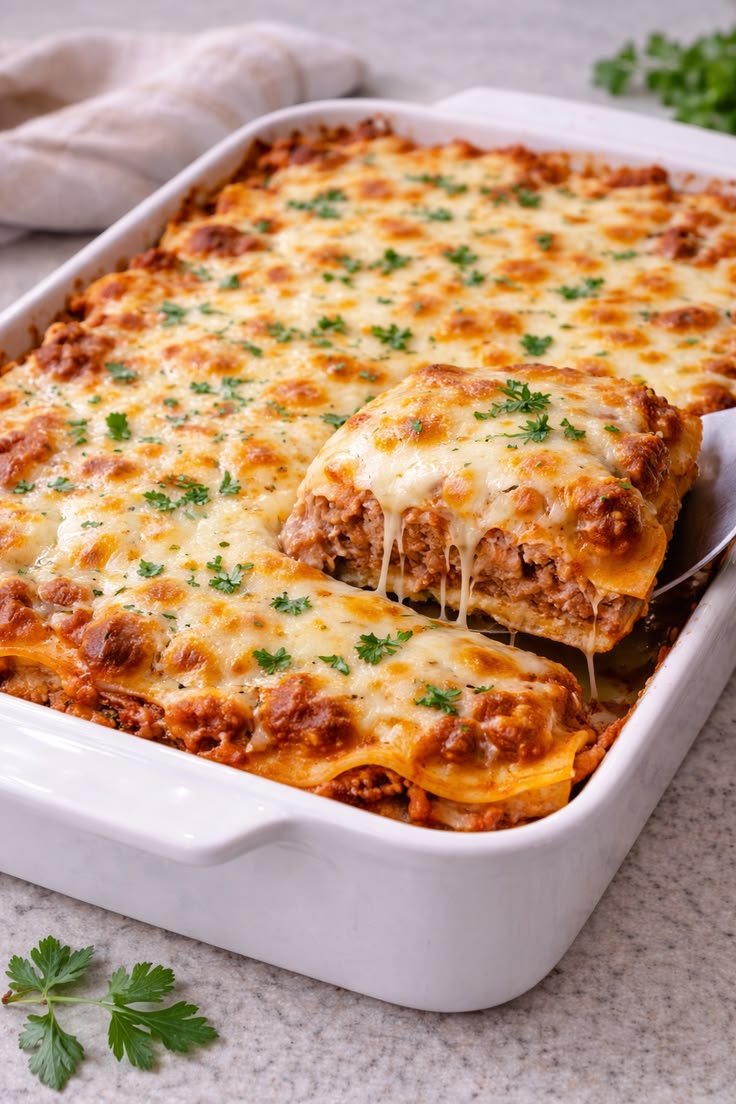 Homemade oven-ready lasagna in a white casserole dish with melted cheese and fresh parsley